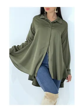 Chemise kaki satiné oversize manches longues bas évasé