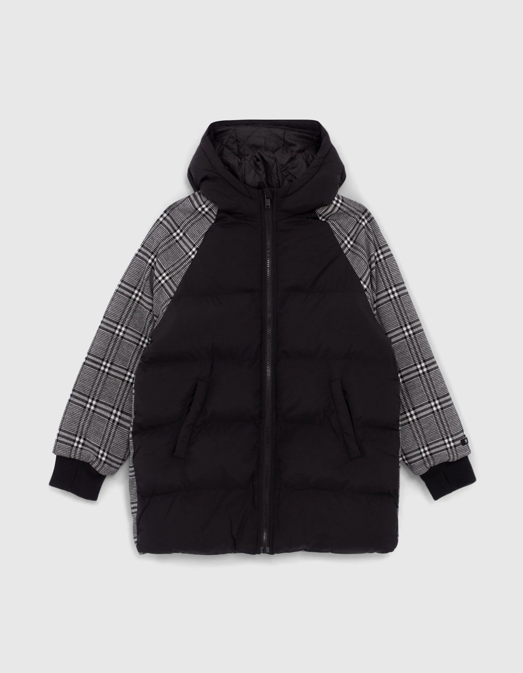 Black long padded coat with dual-material check for girls.