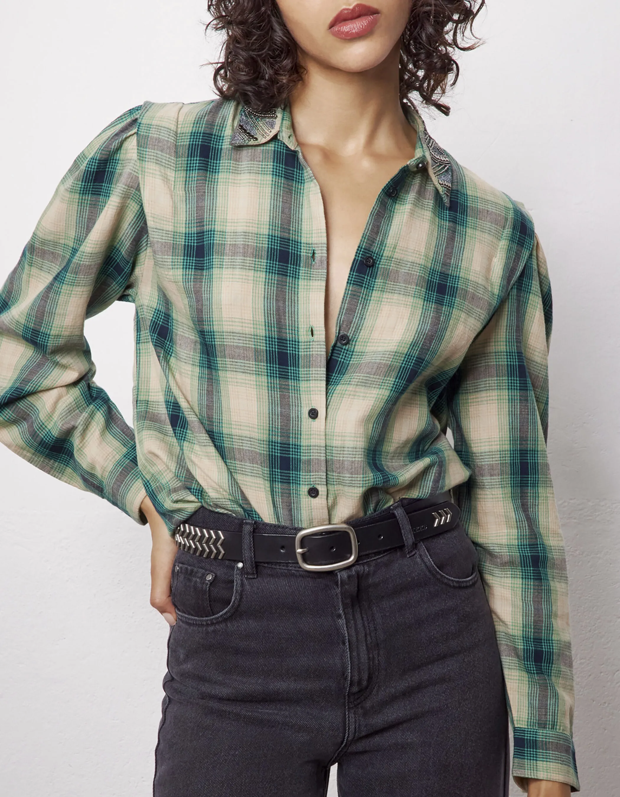 Green and White Checkered Cotton Shirt with Badge for Women