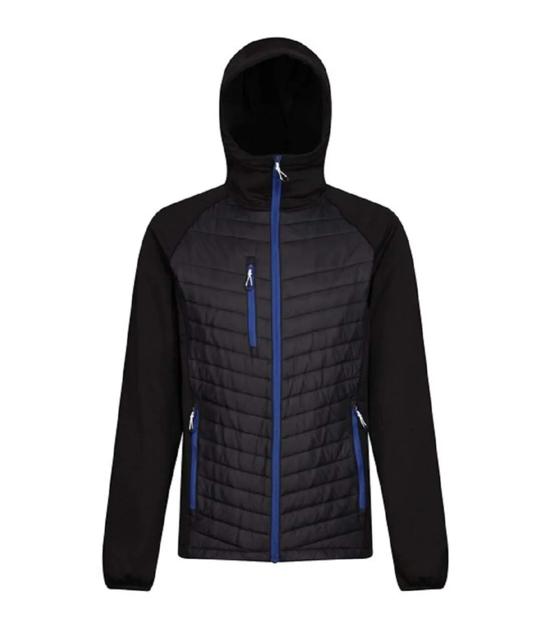 Hooded Puffer Jacket for Men TRA549 Black and Royal Blue.