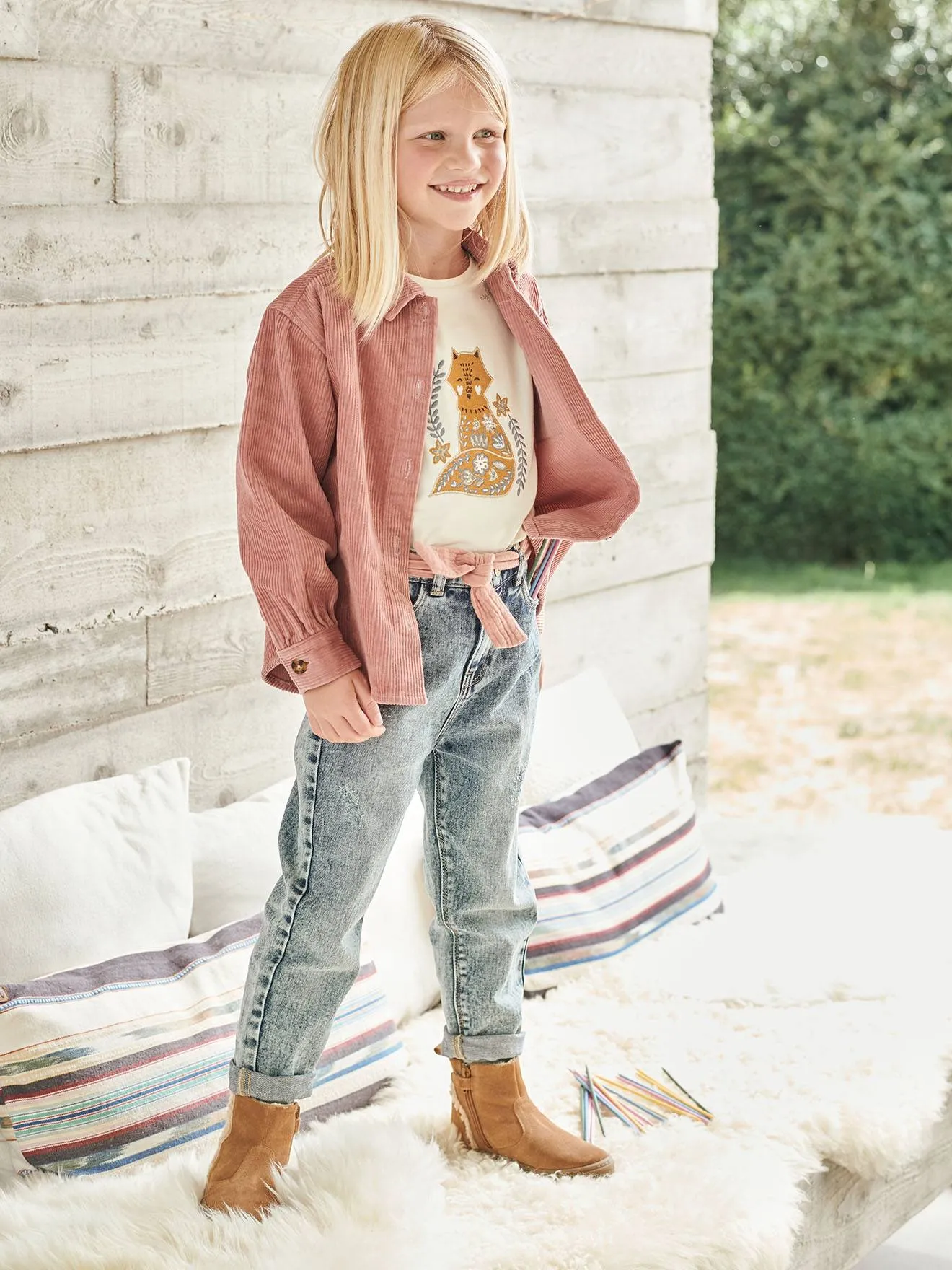 Jean Mom et sa ceinture en gaze de coton fille double stone - Vertbaudet