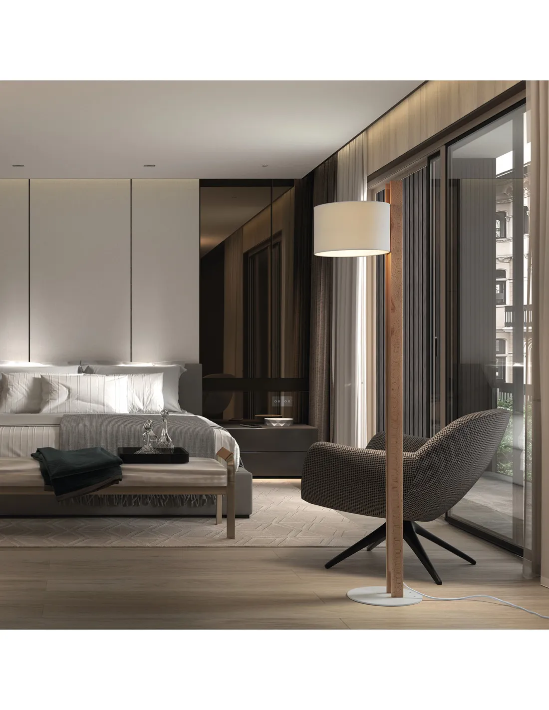 Lampadaire de salon COMPACT E27 40W Coton beige Bois de hêtre NOVOLUX LIGHTING 621E-G05X1A-50-DC