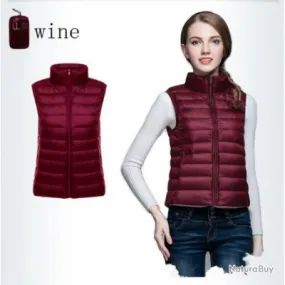 Lightweight burgundy women's sleeveless puffer vest, sizes from S to 3XL.