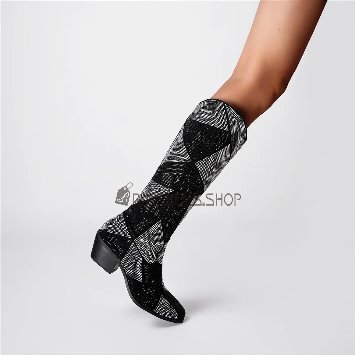 Noir Imprimé Géométrique Bottes Hauteur Genoux Talon Epais Brillante Habillé Bottes Hautes Boots Femme Simili Cuir Ceremonie Mod
