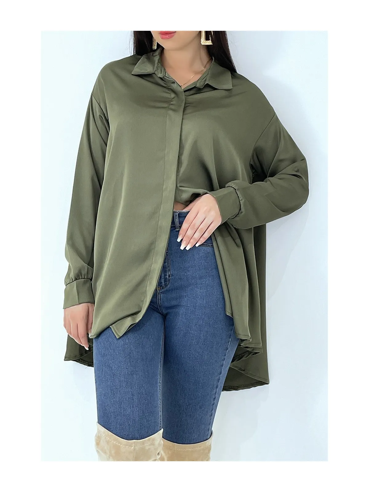 Oversized satin khaki shirt with long sleeves and flared hem.