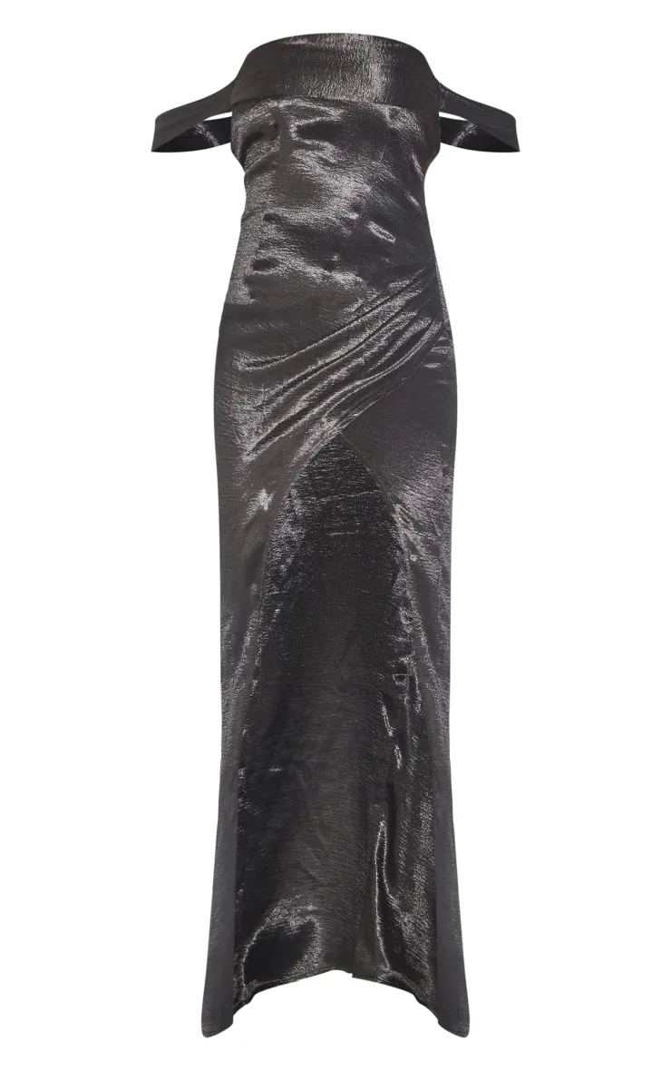 Robe longue satinée noire métallisée à col bardot