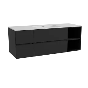 Storke Edge meuble salle de bains suspendu 145 x 52 cm noir mat avec Mata plan simple en solid surface blanc mat