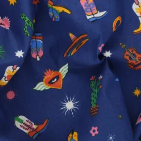 Blue Cotton Western Boots Fabric