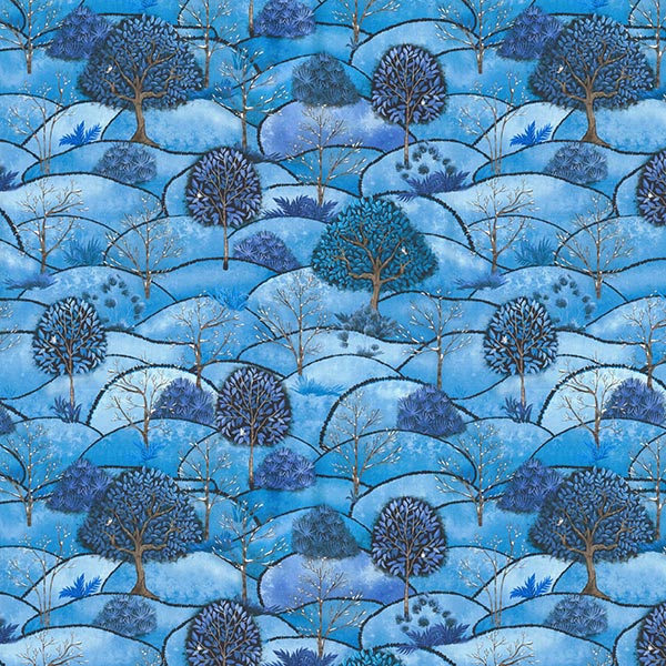 Tissu déco semi-panama Impression numérique paysage d’hiver – bleu clair/bleu nuit