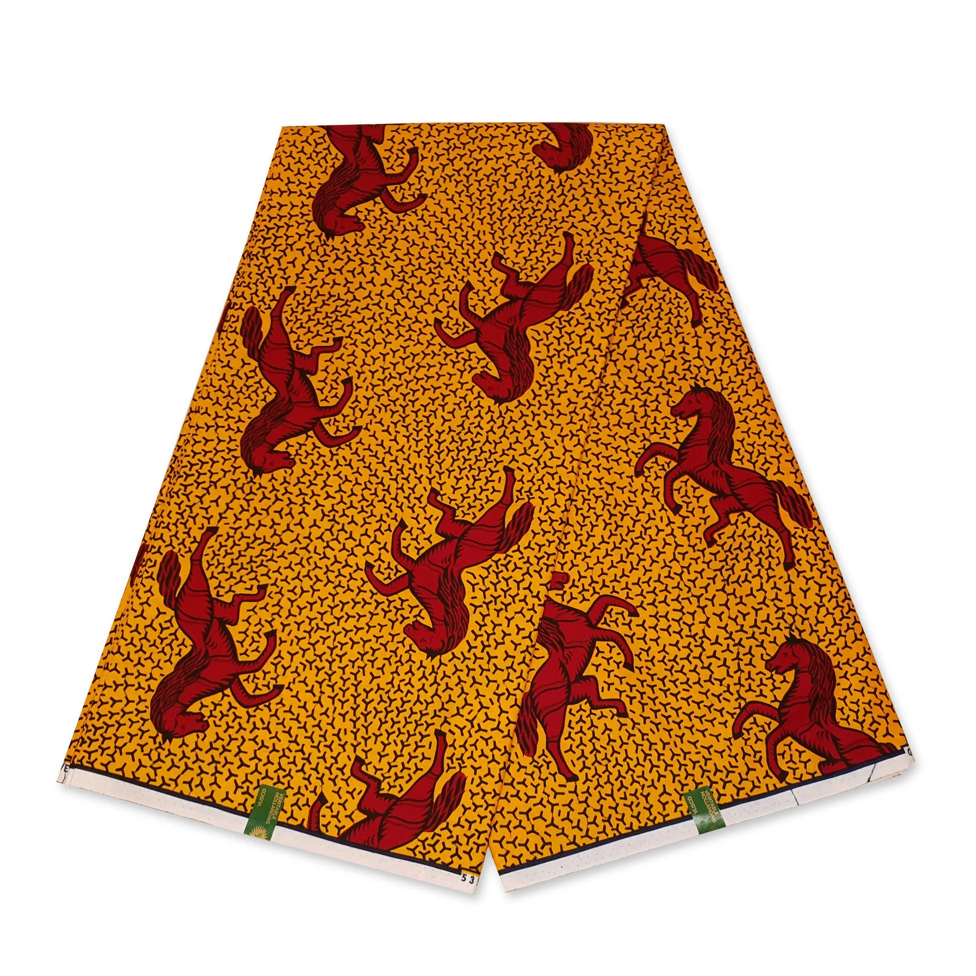 Tissu VLISCO Wax Hollandais - Jaune / Rouge JUMPING HORSE