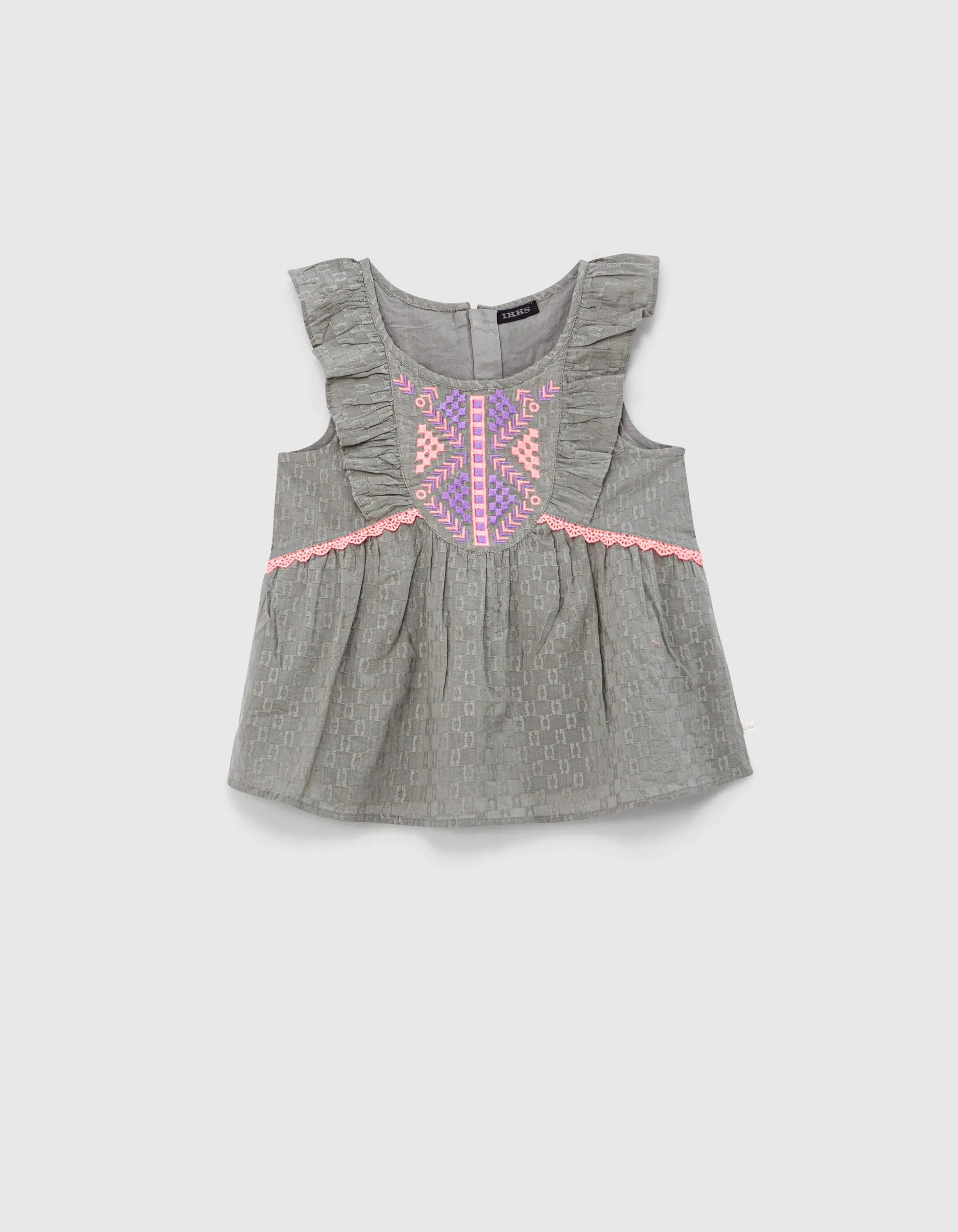 Top kaki tissu jacquard avec broderies fluo fille