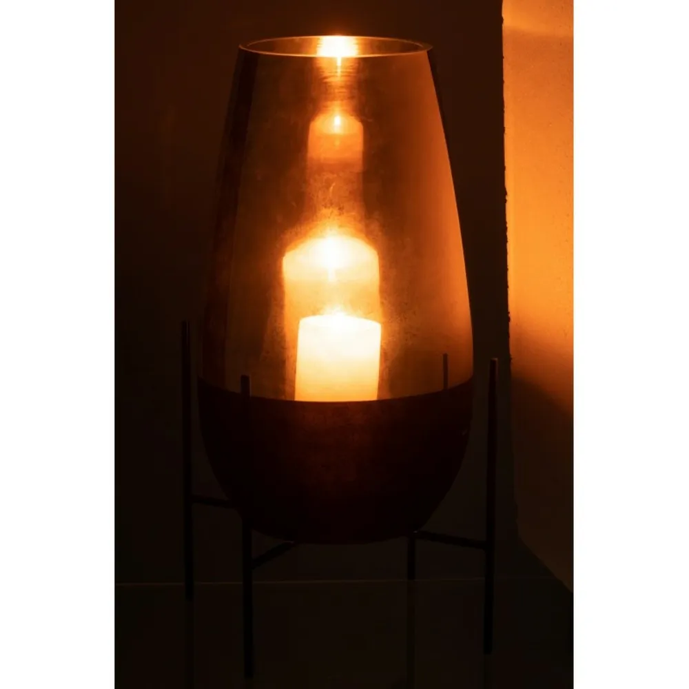 Vase ovale en verre sur socle métal noir 26x47cm