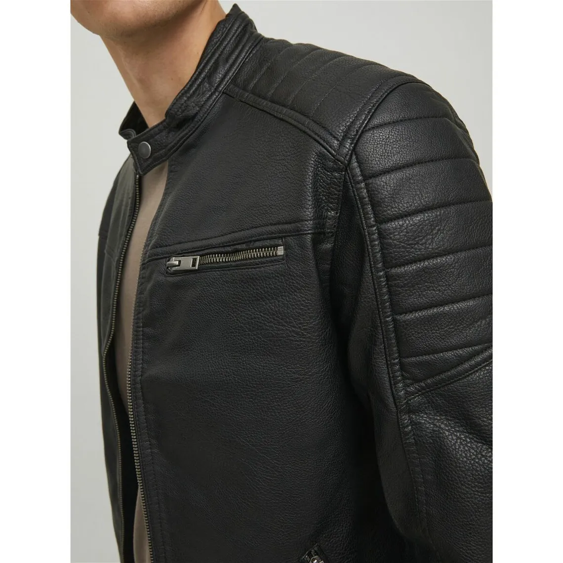 Joey Jack & Jones Men's Faux Leather Biker Jacket with Band Collar, Long Sleeves, Black - MenCorner.