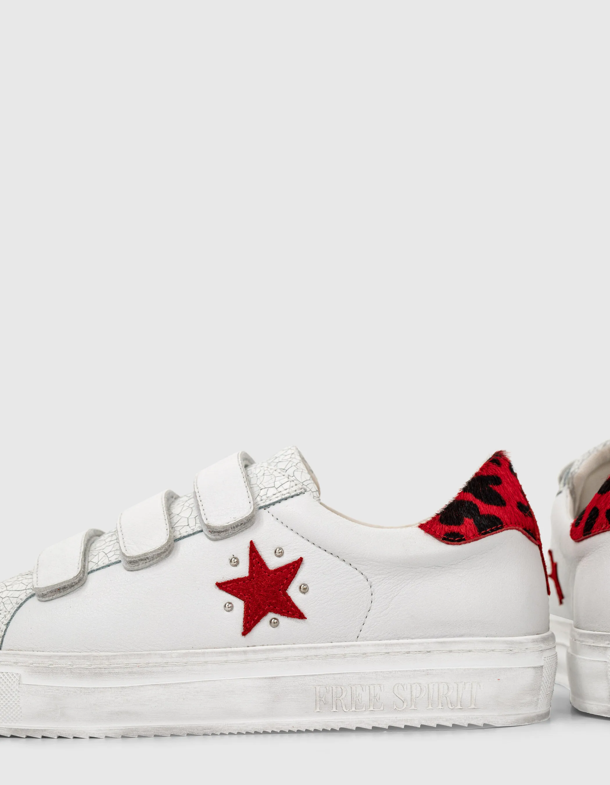 White Leather Sneakers with Star and Leopard Detail for Women