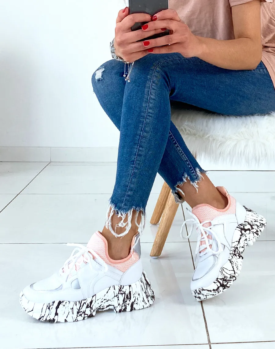 White-Pink Sneakers with Paint Splatter Details on Sole