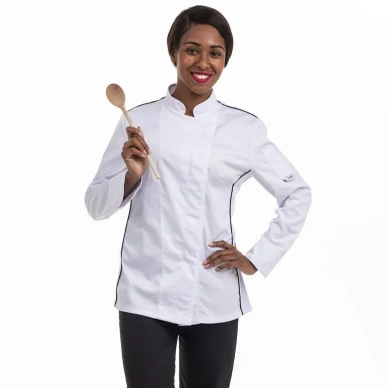 White women's kitchen jacket with black piping and side vents - MANELLI
