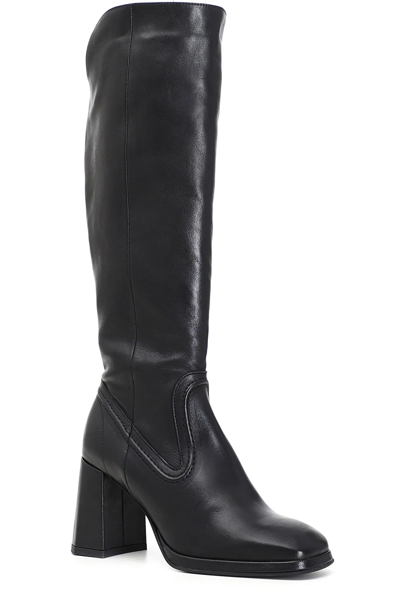 Wide Shaft Square Toe Leather Boots - CafèNoir