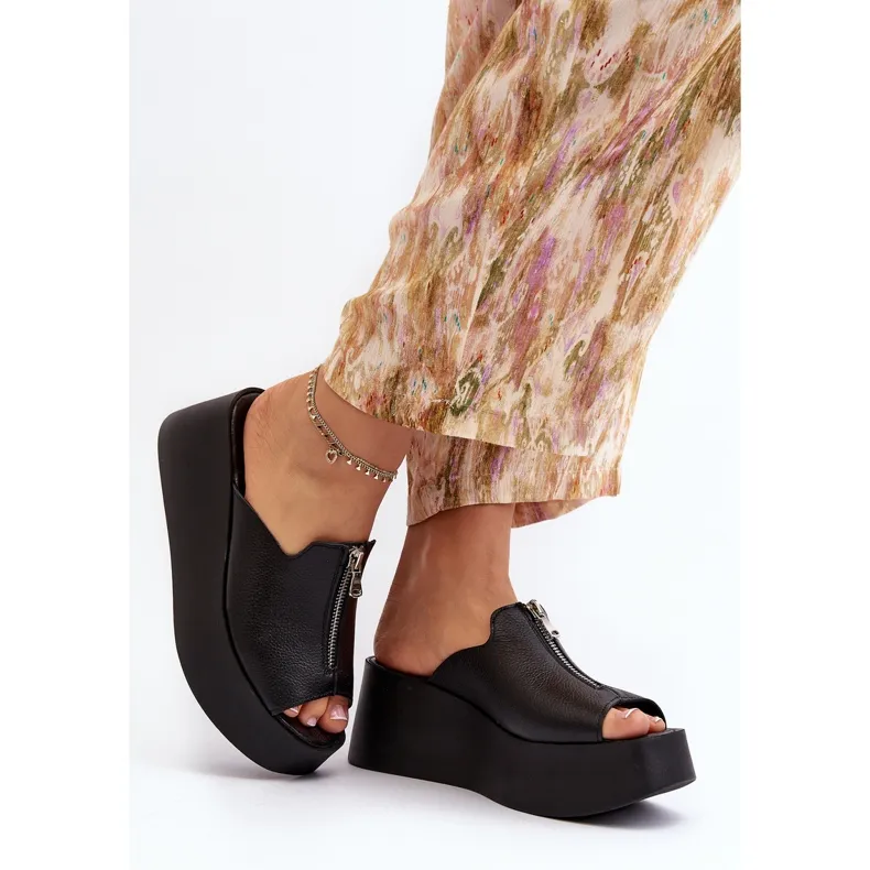 Zazoo 2916 Tongs pour femmes sur une plateforme massive avec une fermeture éclair, noir le noir